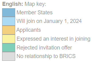 Khối BRICS+ (màu xanh dương) cùng các quốc gia sẽ gia nhập (màu xanh da trời), là ứng cử viên (màu da cam), thể hiện hứng thú tham gia (màu vàng), từ chối lời mời tham gia (màu xanh lá cây), và không có quan hệ với khối này (màu xám). (Nguồn: MathSquare; nguồn ảnh gốc: Dmitry Averin (Дмитрий-5-Аверин))