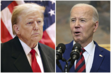 (Ảnh bên trái) Cựu Tổng thống Donald Trump tại New York hôm 25/03/2024. (Ảnh bên phải) Tổng thống Joe Biden tại Phòng Roosevelt của Tòa Bạch Ốc hôm 26/03/2024. (Ảnh: Michael M. Santiago/Getty Images; Pedro Ugarte/AFP via Getty Images)