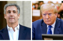 (Trái) Ông Michael Cohen, từng là luật sư của cựu Tổng thống Donald Trump, rời Tòa án Tối cao Tiểu bang New York sau khi làm chứng tại phiên tòa xét xử gian lận của cựu Tổng thống Trump ở thành phố New York vào ngày 25/10/2023. (Phải) Cựu Tổng thống Donald Trump tại phiên tòa xét xử gian lận dân sự tại Tòa án Tối cao Tiểu bang New York ở thành phố New York vào ngày 25/10/2023. (Ảnh: Timothy A. Clary/AFP via Getty Images; Seth Wenig-Pool/Getty Images)