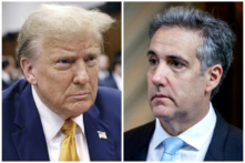 (Trái) Cựu Tổng thống Donald Trump tham dự phiên tòa xét xử ông tại Tòa án Hình sự Manhattan ở thành phố New York, hôm 14/05/2024. (Phải) Ông Michael Cohen, cựu luật sư của ông Donald Trump, rời nhà để đến tham dự ngày lấy lời khai thứ hai tại Tòa án Hình sự Manhattan ở thành phố New York hôm 14/05/2024. (Ảnh: Michael M. Santiago/Pool/AFP qua Getty Images; David Dee Delgado/Getty Images)