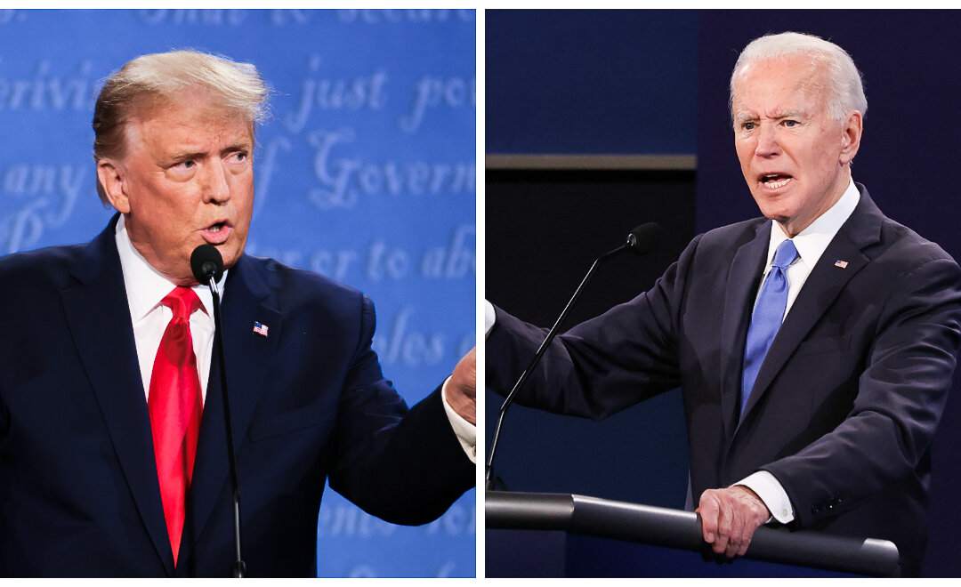 (Trái) Tổng thống Donald Trump tham gia cuộc tranh biện tổng thống cuối cùng với ứng cử viên tổng thống thuộc Đảng Dân Chủ Joe Biden tại Đại học Belmont ở Nashville, Tennessee, vào ngày 22/10/2020. (Phải) Ứng cử viên tổng thống thuộc Đảng Dân Chủ Joe Biden tham gia cuộc tranh biện tổng thống cuối cùng với Tổng thống Donald Trump tại cùng địa điểm, vào ngày 22/10/2020. (Ảnh: Justin Sullivan, Chip Somodevilla/Getty Images)