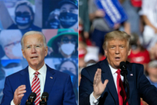 (Trái) Nguyên Phó Tổng thống Joe Biden tại Nhà hát Queen ở Wilmington, Delaware, vào ngày 23/10/2020. (Phải) Tổng thống Donald Trump có bài diễn ngôn trước những người ủng hộ ở Gastonia, North Carolina, vào ngày 21/10/2020. (Ảnh: Angela Weissaul Loeb/AFP qua Getty Images)