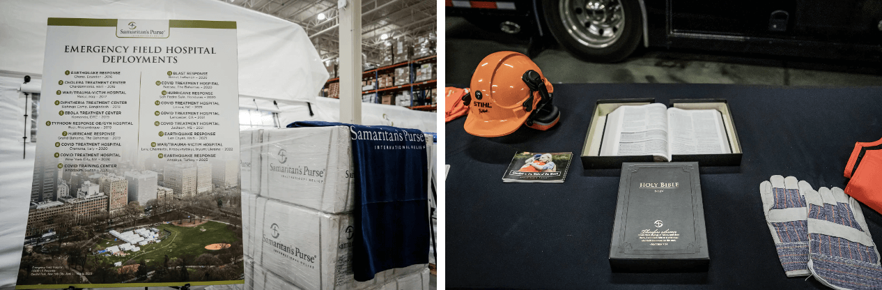 (Trái) Một tấm biểu ngữ liệt kê việc khai triển bệnh viện dã chiến khẩn cấp Samaritan’s Purse được treo tại nhà kho của tổ chức này ở North Wilkesboro, North Carolina, hôm 18/04/2024. (Phải) Cuốn Kinh thánh được đặt trên bàn làm việc cùng với thiết bị an toàn và áo T-shirt tình nguyện màu cam. (Ảnh: Madalina Vasiliu/The Epoch Times)