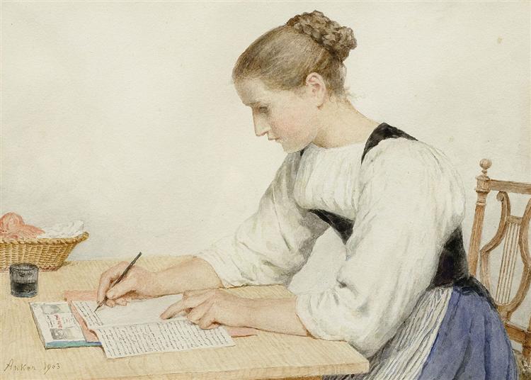 Bức tranh “Young Woman Writing a Letter” (Thiếu Nữ Đang Viết Thư), năm 1903, của họa sỹ Albrecht Anker. (Ảnh: Tư liệu công cộng)