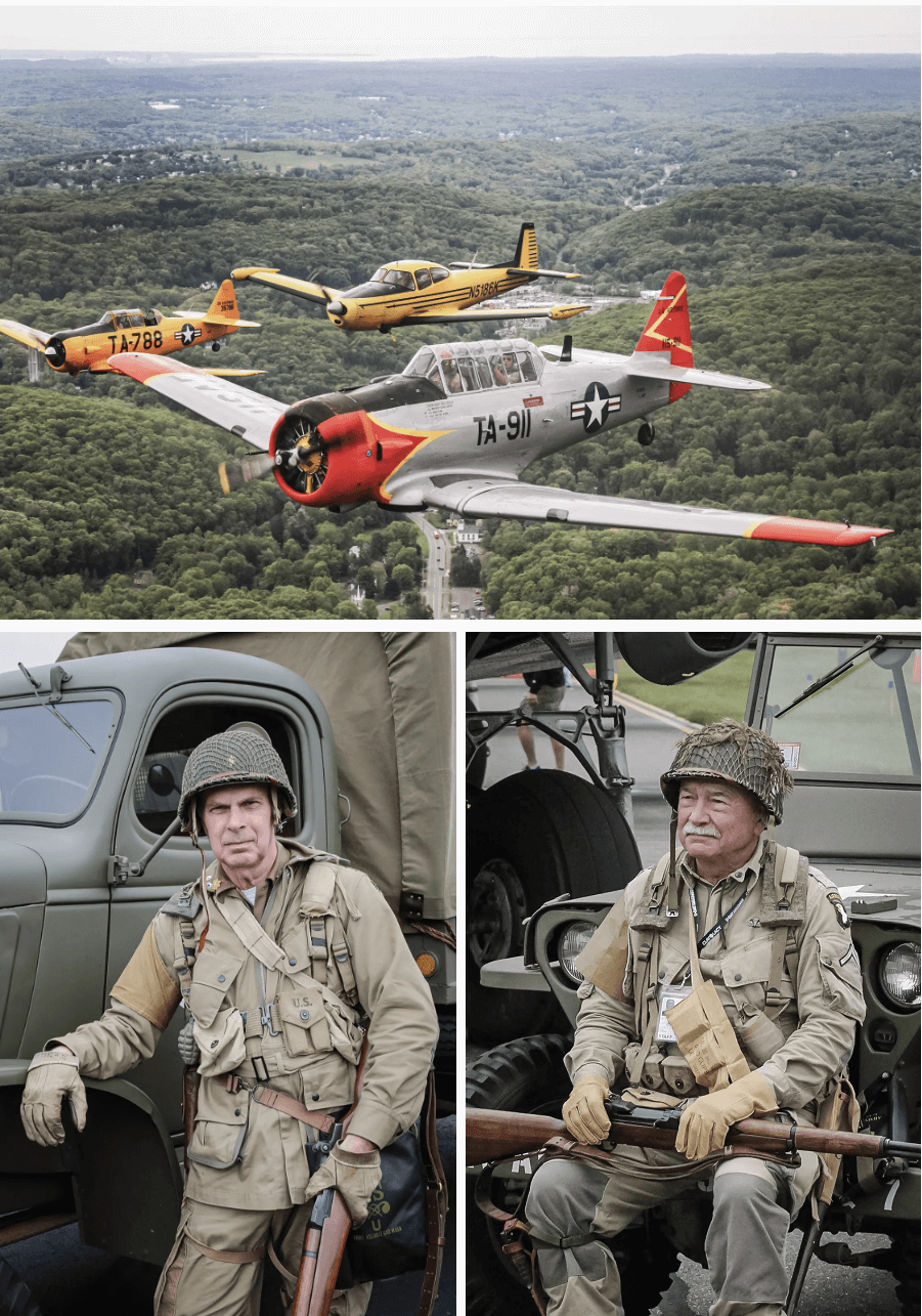 (Ảnh trên) Hai chiếc T-6 của Texas cùng với một chiếc Ryan Navion (giữa) đời 1950 dọc theo sông Hudson ở New York hôm 17/05/2024, trong quá trình chuẩn bị cho các sự kiện kỷ niệm 80 năm cuộc đổ bộ D-Day năm 1944 ở Normandy, Pháp, hôm 17/05/2024. (Ảnh dưới bên trái) Trước khi phi đội Dakota lên đường dự lễ kỷ niệm 80 năm cho chiến dịch trong Đệ nhị Thế chiến ở Normandy, Pháp, một người tham gia tái hiện D-Day trong ngày khai mạc tại phi trường Waterbury-Oxford ở Oxford, Connecticut, hôm 16/05/2024. (Dưới cùng bên phải) Một người tham gia tái hiện D-Day đang nghỉ ngơi. (Ảnh: Richard Moore/The Epoch Times)