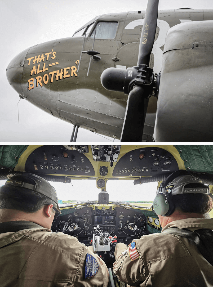 (Ảnh trên) Trong chiến dịch D-Day, một chiếc C-47 mang tên “That's All, Brother” đã chỉ huy cuộc tấn công trên không chủ lực nhắm vào nước Pháp. Chiếc phi cơ lịch sử này sẽ gia nhập phi đội của Dakota vào lễ kỷ niệm 80 năm chiến dịch này trong Đệ nhị Thế chiến ở Normandy, Pháp. Ảnh chụp tại Phi trường Waterbury-Oxford ở Oxford, Connecticut, hôm 16/05/2024. (Ảnh dưới) Cơ trưởng Curt Lewis (trái) và cơ phó chuẩn bị cất cánh trên chiếc “That's All, Brother.” (Ảnh: Richard Moore/The Epoch Times, Allan Stein/The Epoch Times)