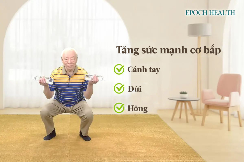 Hướng dẫn động tác ngồi xổm và gập khủy tay. (Ảnh: The Epoch Times)